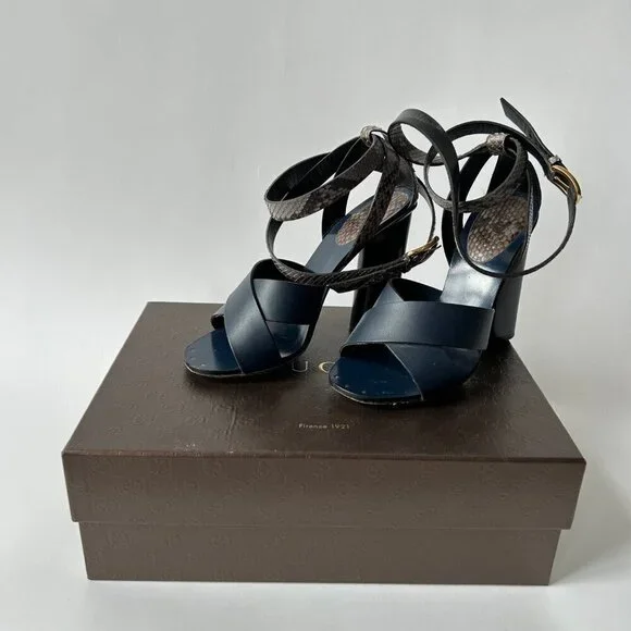 GUCCI BLUE CANDY STACKED PYTHON STACKED HEEL SANDALS SIZE 36 - Picture 7 of 7